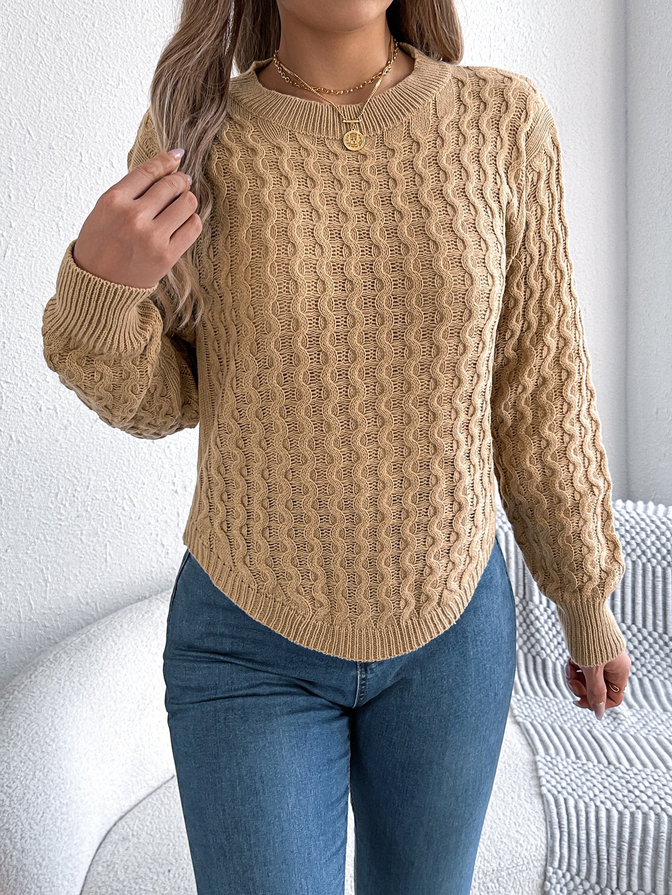 Solid color twisted lantern sleeve irregular hem sweater - Negative Apparel