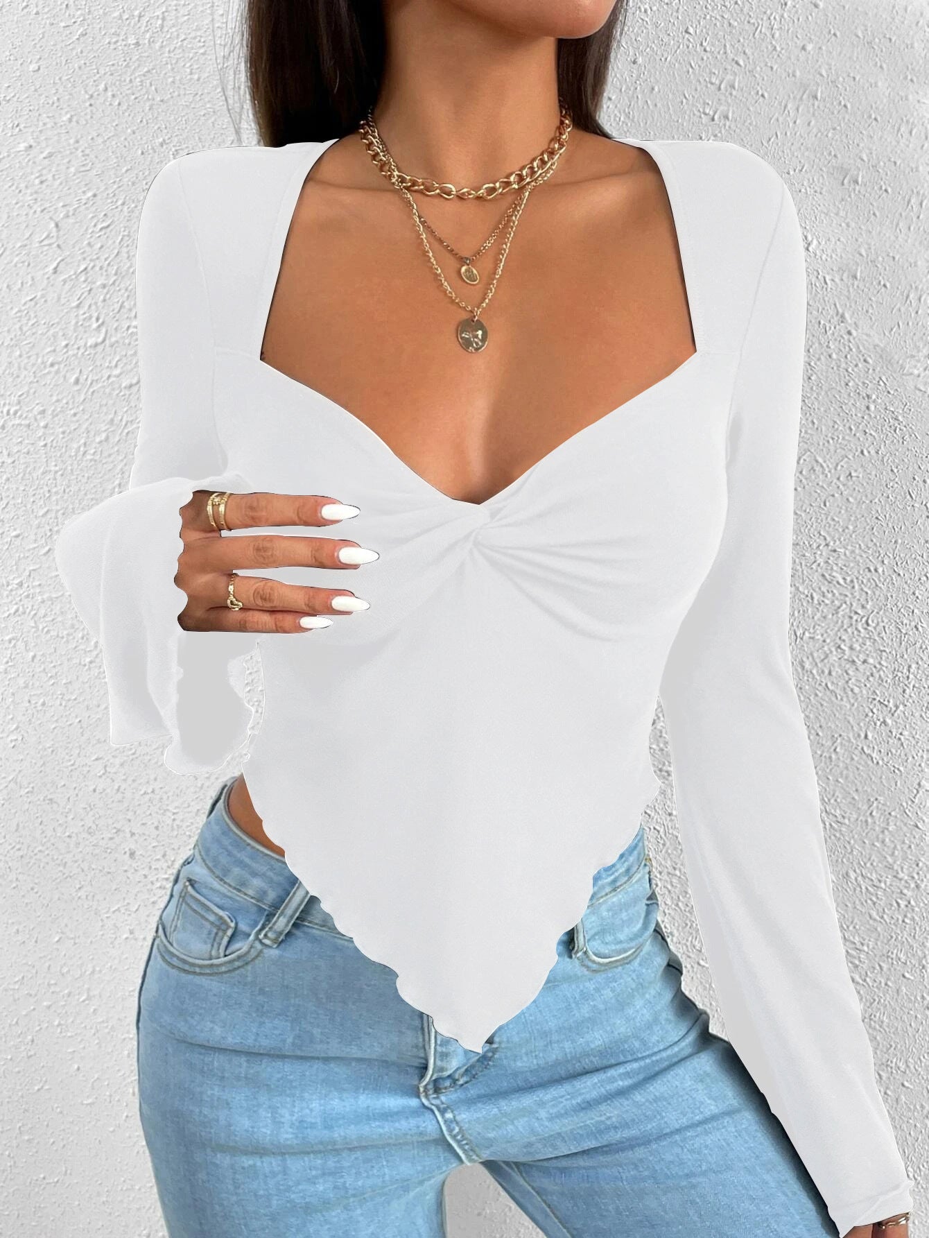 Solid Color V - Neck Horn Sleeve T-Shirt - Negative Apparel
