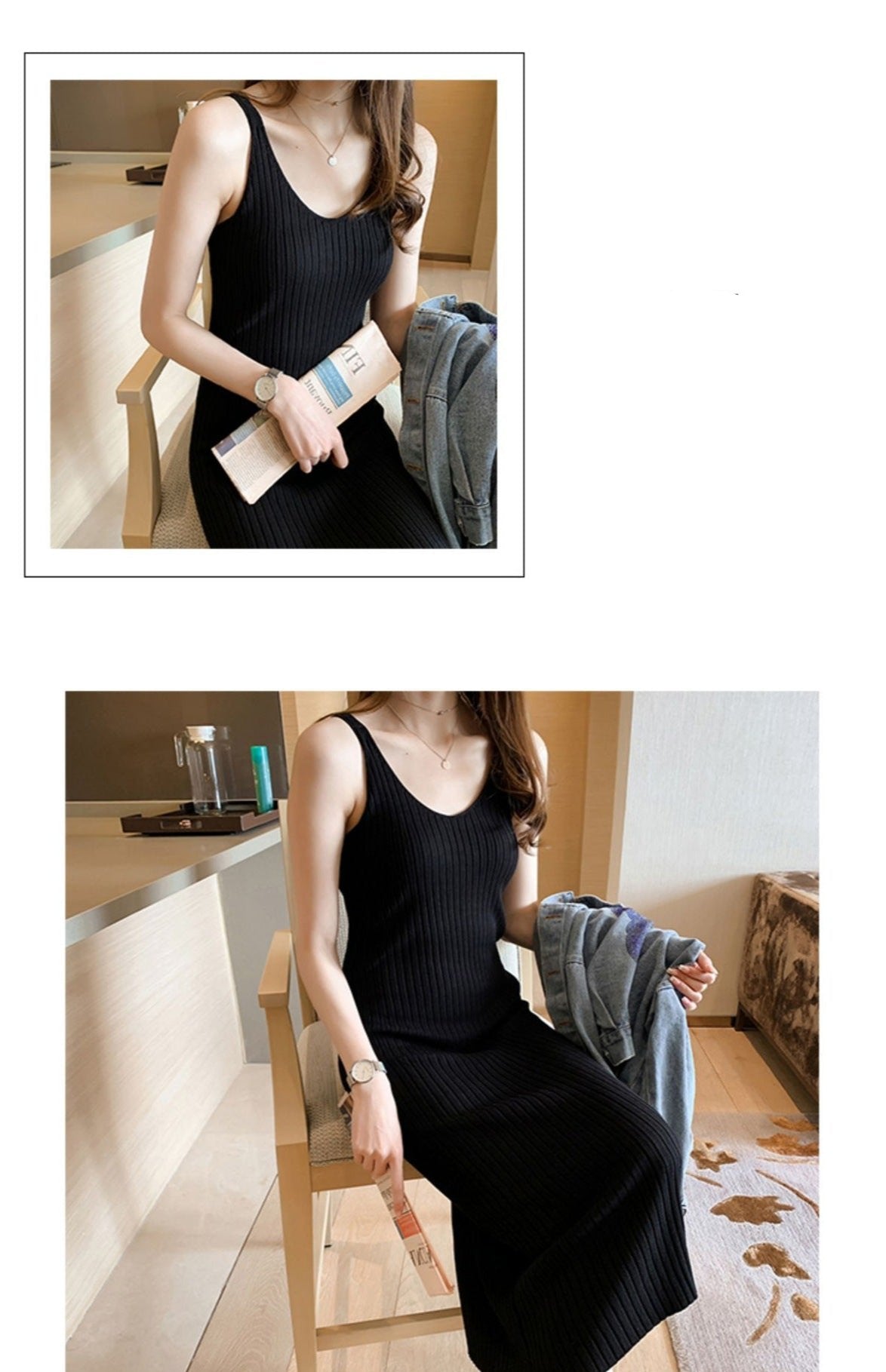 Solid color V - Neck knitted bodycon dress - Negative Apparel