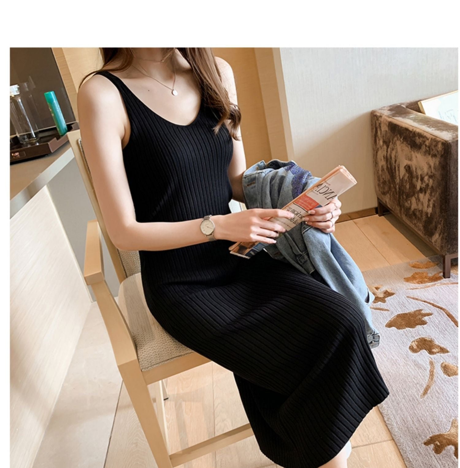 Solid color V - Neck knitted bodycon dress - Negative Apparel