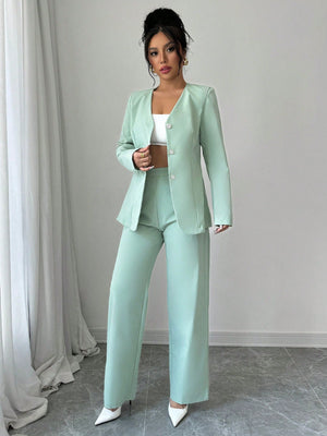 Solid Color V - Neck Long Sleeve Single - Breasted Jacket And Pants Casual Suit Set - Negative Apparel