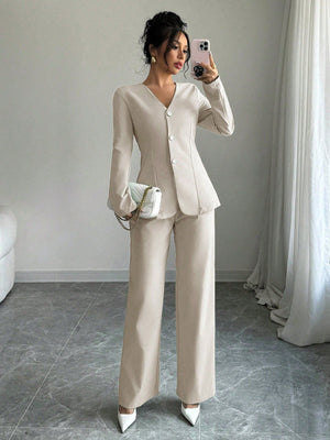 Solid Color V - Neck Long Sleeve Single - Breasted Jacket And Pants Casual Suit Set - Negative Apparel