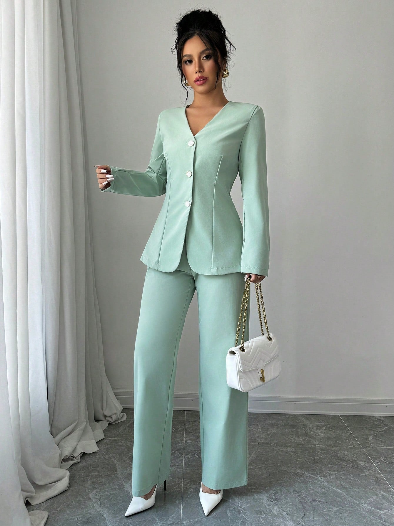 Solid Color V - Neck Long Sleeve Single - Breasted Jacket And Pants Casual Suit Set - Negative Apparel