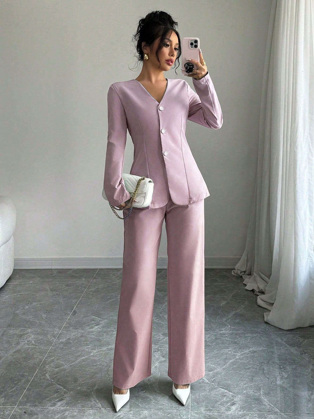 Solid Color V - Neck Long Sleeve Single - Breasted Jacket And Pants Casual Suit Set - Negative Apparel