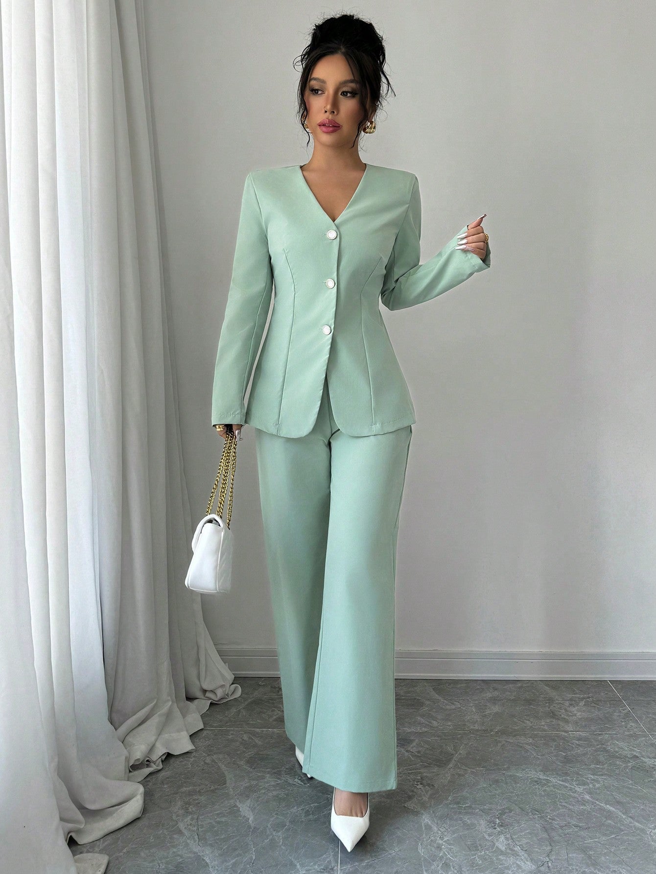 Solid Color V - Neck Long Sleeve Single - Breasted Jacket And Pants Casual Suit Set - Negative Apparel