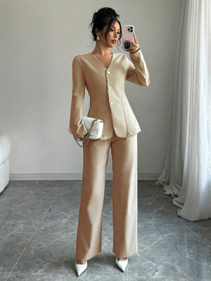 Solid Color V - Neck Long Sleeve Single - Breasted Jacket And Pants Casual Suit Set - Negative Apparel