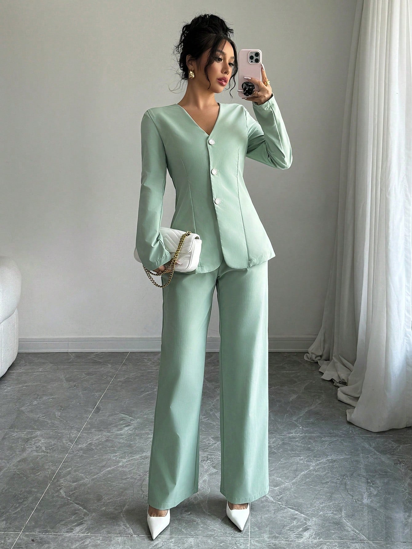 Solid Color V - Neck Long Sleeve Single - Breasted Jacket And Pants Casual Suit Set - Negative Apparel