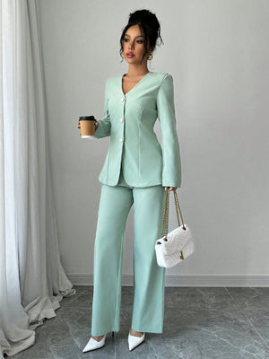 Solid Color V - Neck Long Sleeve Single - Breasted Jacket And Pants Casual Suit Set - Negative Apparel