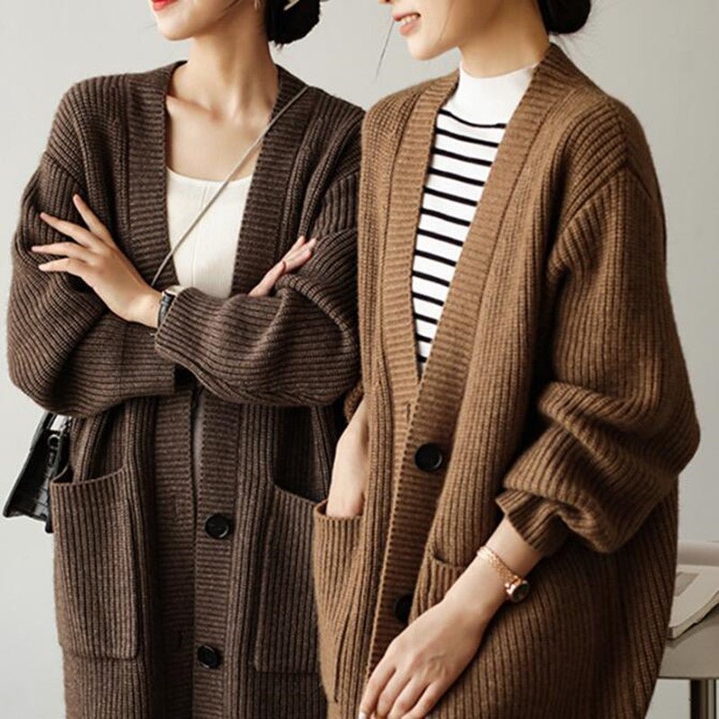 Solid Color V - Neck Pocket Cardigan for Women – Thick Loose Knit - Negative Apparel