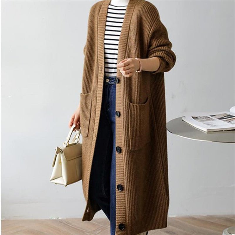 Solid Color V - Neck Pocket Cardigan for Women – Thick Loose Knit - Negative Apparel