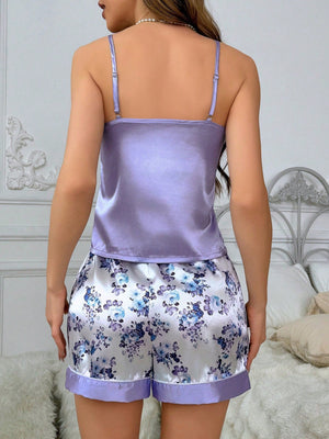 Solid-Colored Camisole & Flower Print Shorts Pajama Set - Negative Apparel