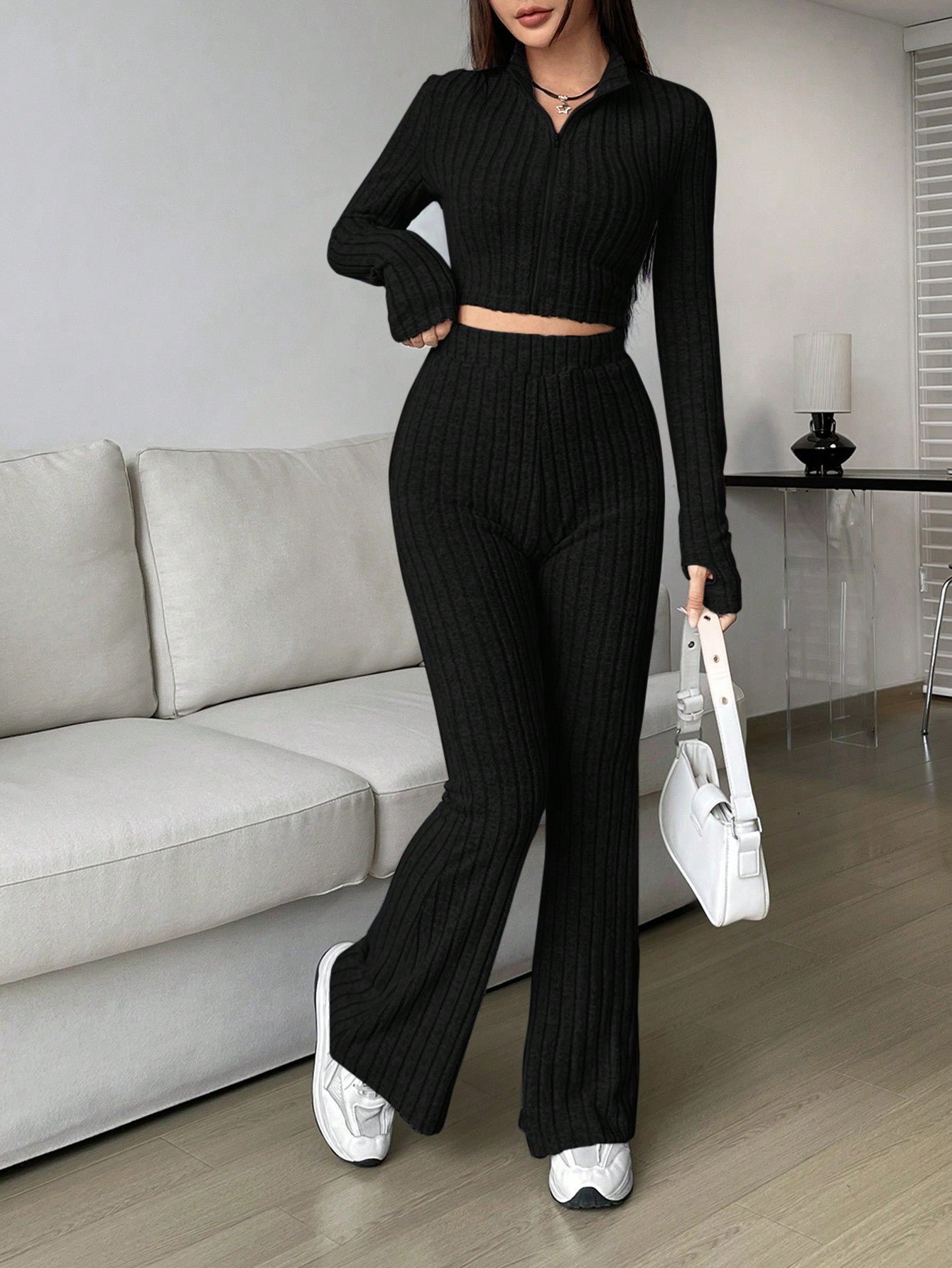 Solid Crop Tee & Flare Leg Pants - Negative Apparel