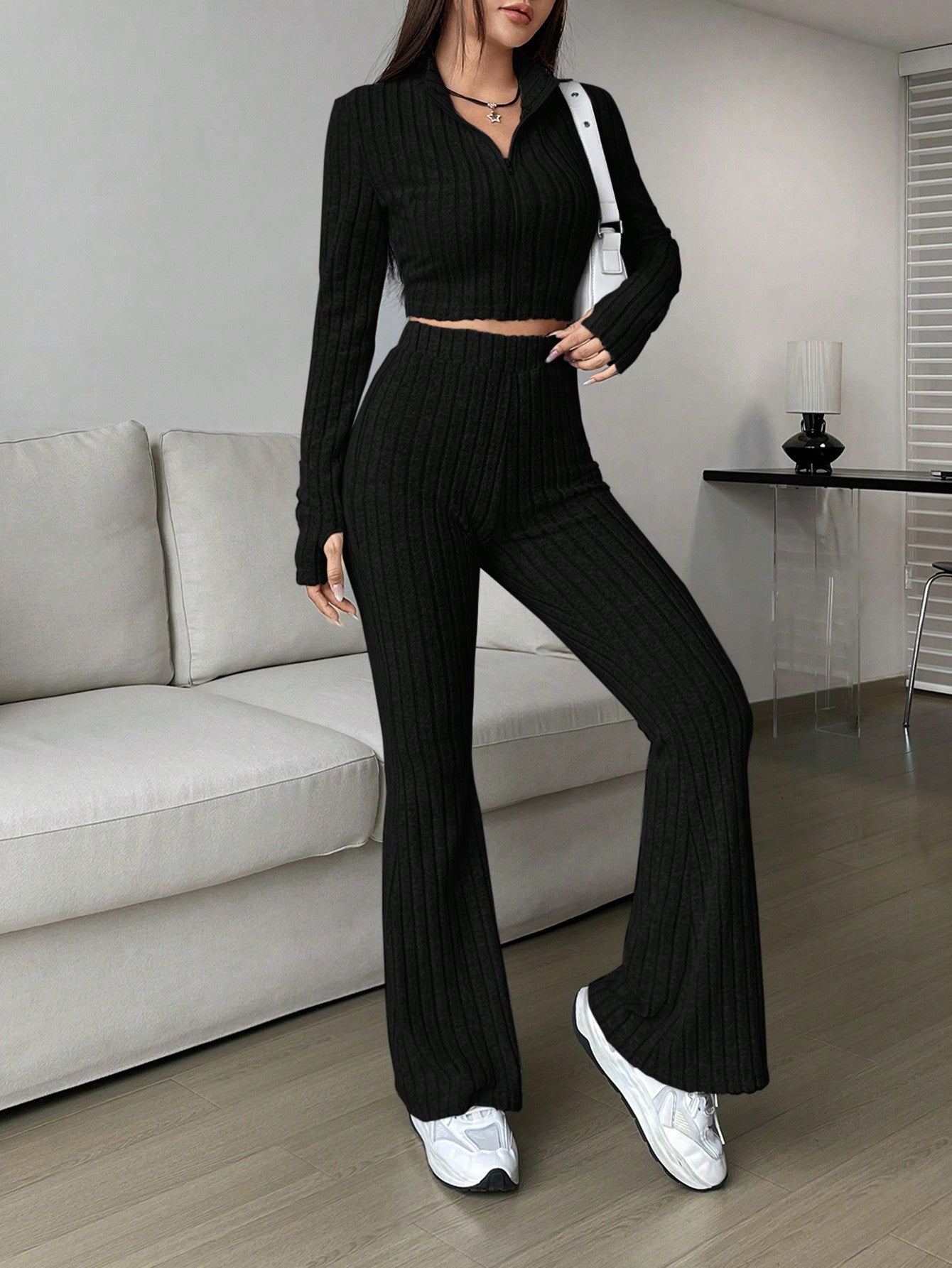 Solid Crop Tee & Flare Leg Pants - Negative Apparel