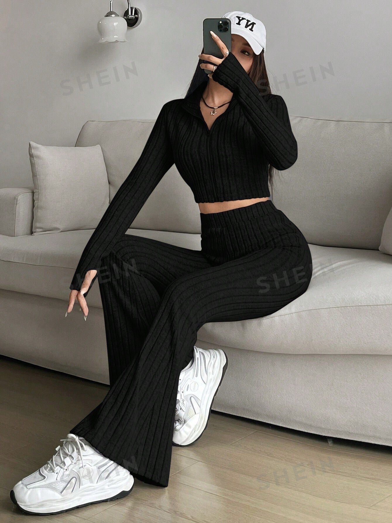 Solid Crop Tee & Flare Leg Pants Two Piece Set - Negative Apparel