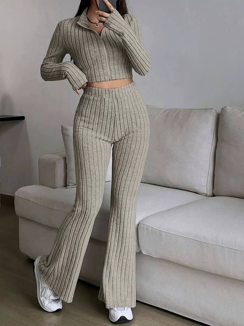 Solid Crop Tee & Flare Leg Pants Two Piece Set - Negative Apparel