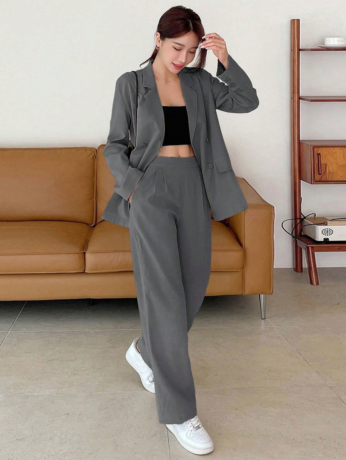 Solid Lapel Neck Blazer & Pants - Negative Apparel