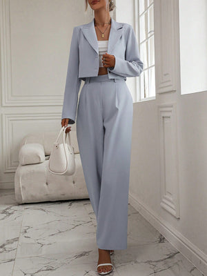 Solid Lapel Neck Crop Blazer & Wide Leg Pants - Negative Apparel