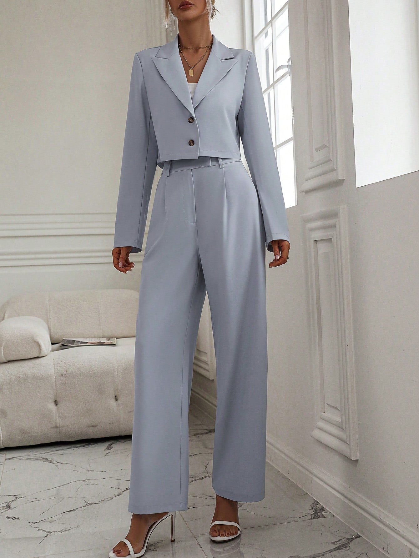 Solid Lapel Neck Crop Blazer & Wide Leg Pants - Negative Apparel