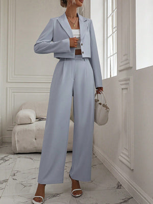 Solid Lapel Neck Crop Blazer & Wide Leg Pants - Negative Apparel