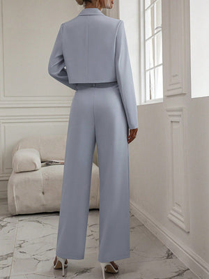 Solid Lapel Neck Crop Blazer & Wide Leg Pants - Negative Apparel