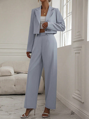 Solid Lapel Neck Crop Blazer & Wide Leg Pants - Negative Apparel