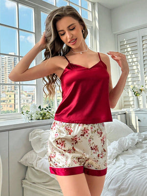 Solid Satin Cami Top & Floral Print Contrast Trim Shorts PJ Set - Negative Apparel