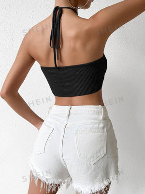 Solid Tie Backless Halter Knit Top - Negative Apparel