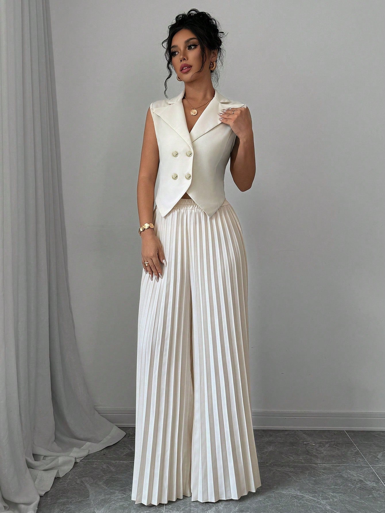 Solid Vest Blazer & Pleated Wide Leg Pants - Negative Apparel