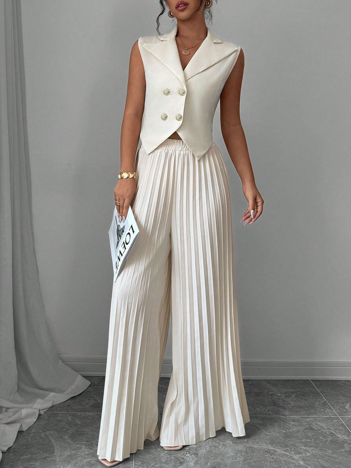 Solid Vest Blazer & Pleated Wide Leg Pants - Negative Apparel