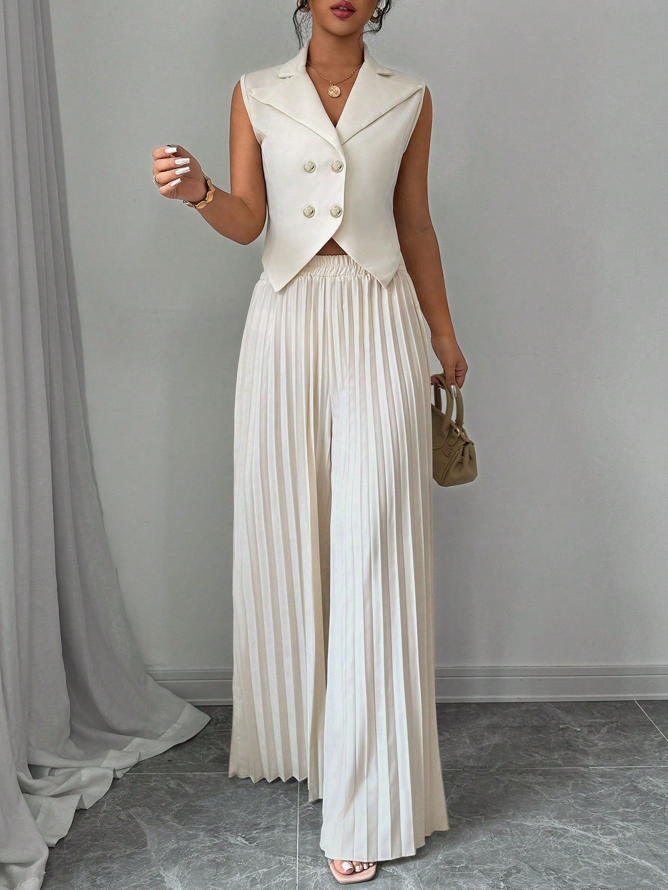 Solid Vest Blazer & Pleated Wide Leg Pants - Negative Apparel