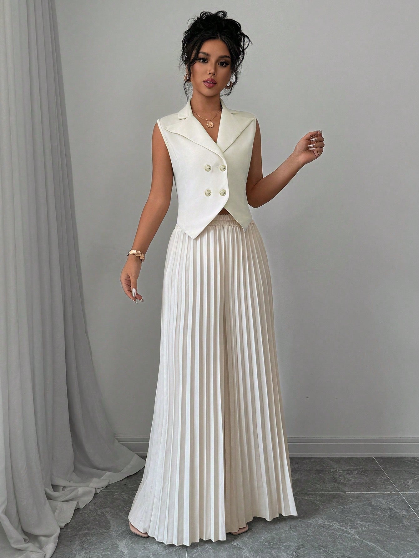 Solid Vest Blazer & Pleated Wide Leg Pants - Negative Apparel