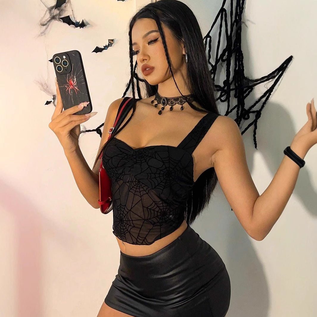Spider web mesh perspective slim sleeve vestless tops for women - Negative Apparel