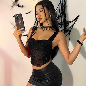 Spider web mesh perspective slim sleeve vestless tops for women - Negative Apparel