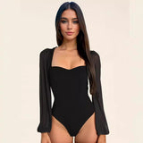 Splicing mesh lantern sleeve jumpsuit female bodysuit - Negative Apparel