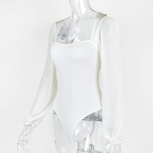 Splicing mesh lantern sleeve jumpsuit female bodysuit - Negative Apparel