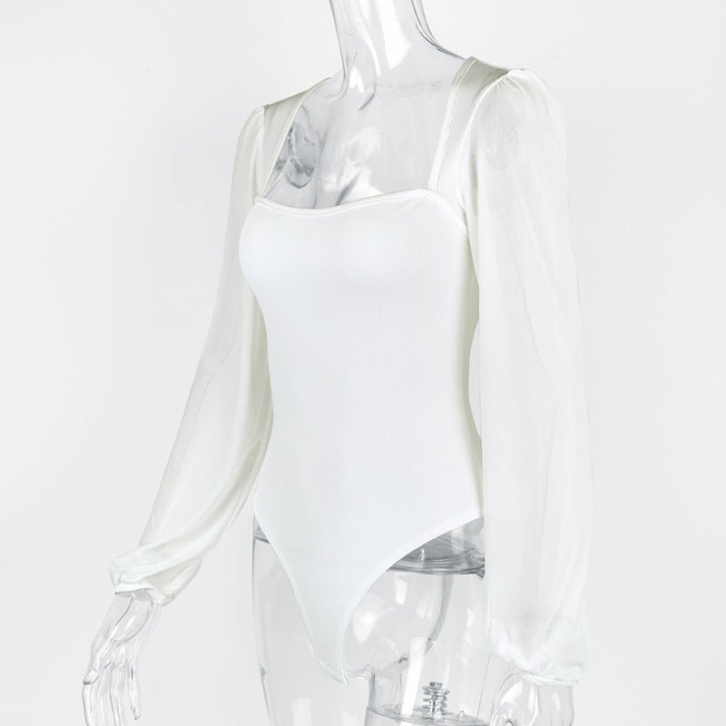 Splicing mesh lantern sleeve jumpsuit female bodysuit - Negative Apparel