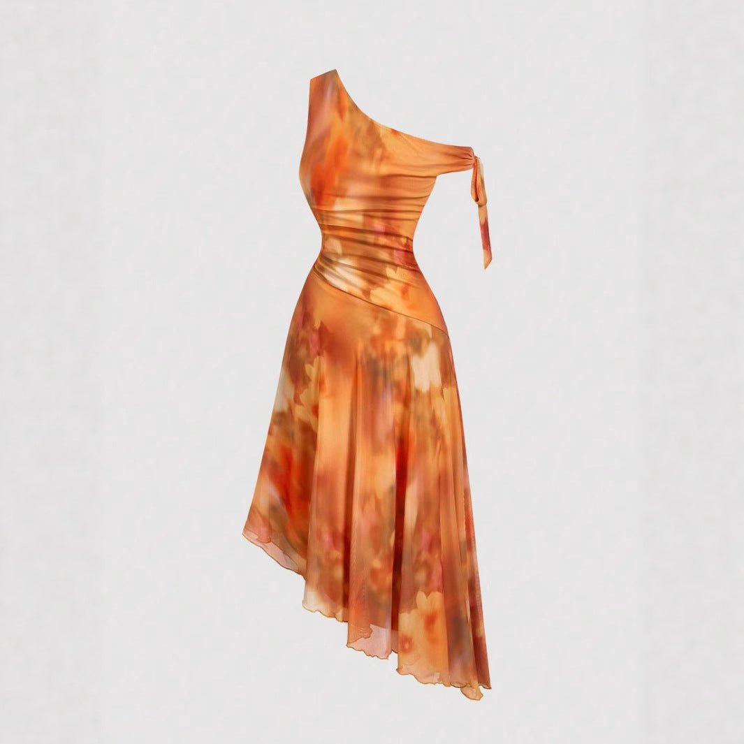 Spring 2025 One - Shoulder Mesh Mid - Length Dress - Negative Apparel
