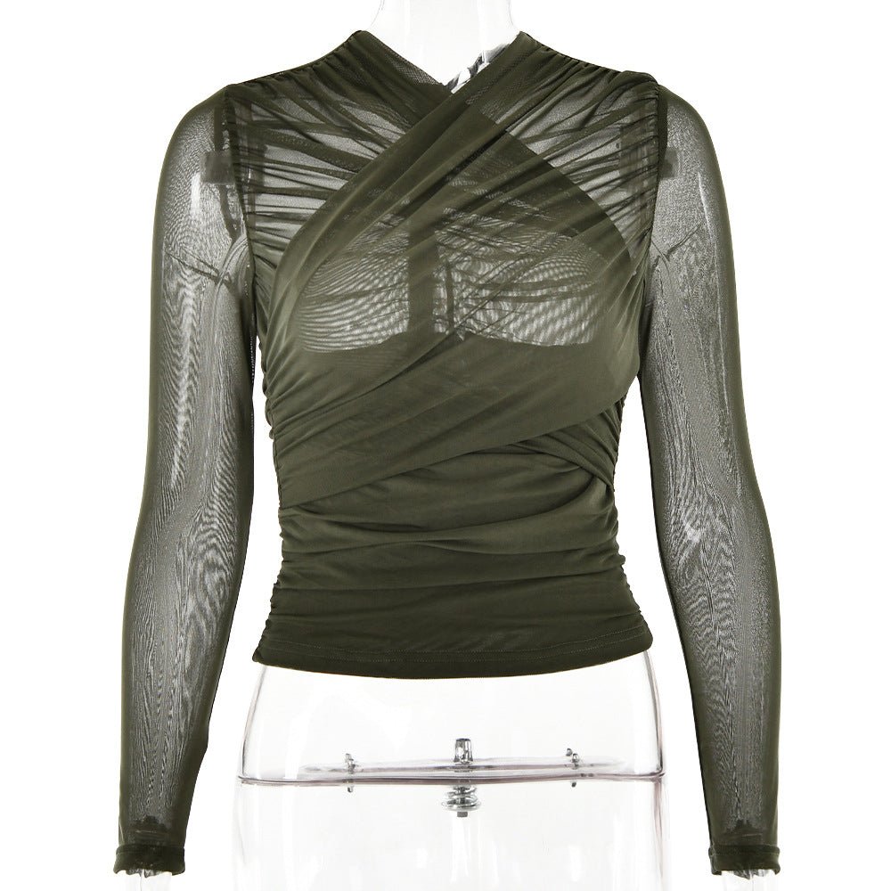 Spring 2025 Women’s Mesh Splice V - Neck Top – Sexy Long Sleeve Milk Silk Pullover | Street Style Slim Fit - Negative Apparel
