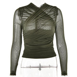 Spring 2025 Women’s Mesh Splice V - Neck Top – Sexy Long Sleeve Milk Silk Pullover | Street Style Slim Fit - Negative Apparel