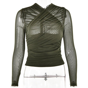 Spring 2025 Women’s Mesh Splice V - Neck Top – Sexy Long Sleeve Milk Silk Pullover | Street Style Slim Fit - Negative Apparel
