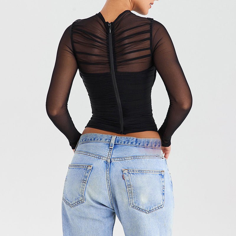 Spring 2025 Women’s Mesh Splice V - Neck Top – Sexy Long Sleeve Milk Silk Pullover | Street Style Slim Fit - Negative Apparel
