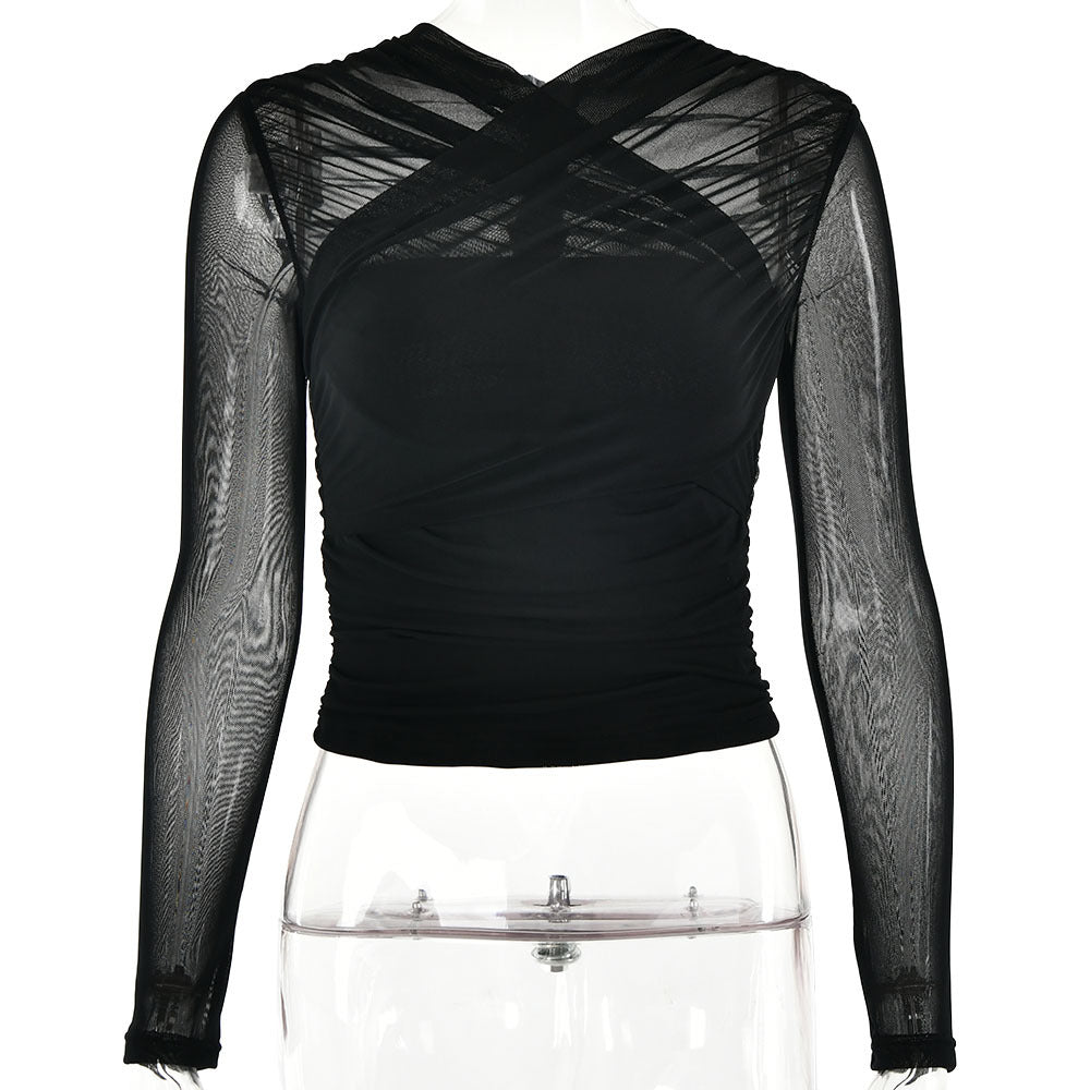 Spring 2025 Women’s Mesh Splice V - Neck Top – Sexy Long Sleeve Milk Silk Pullover | Street Style Slim Fit - Negative Apparel