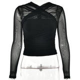 Spring 2025 Women’s Mesh Splice V - Neck Top – Sexy Long Sleeve Milk Silk Pullover | Street Style Slim Fit - Negative Apparel