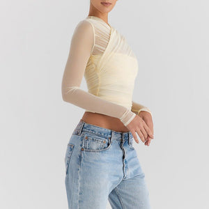 Spring 2025 Women’s Mesh Splice V - Neck Top – Sexy Long Sleeve Milk Silk Pullover | Street Style Slim Fit - Negative Apparel