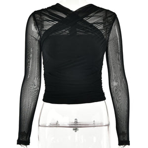 Spring 2025 Women’s Mesh Splice V - Neck Top – Sexy Long Sleeve Milk Silk Pullover | Street Style Slim Fit - Negative Apparel