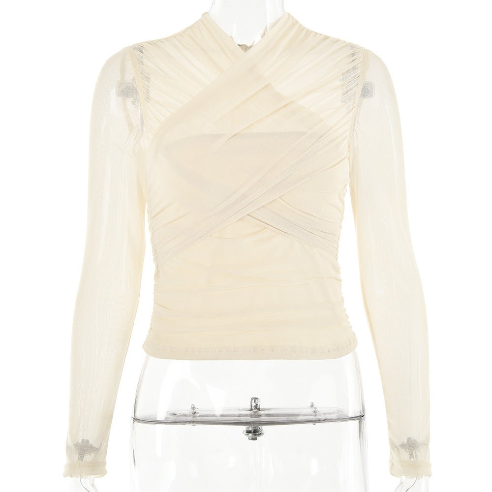 Spring 2025 Women’s Mesh Splice V - Neck Top – Sexy Long Sleeve Milk Silk Pullover | Street Style Slim Fit - Negative Apparel