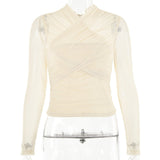 Spring 2025 Women’s Mesh Splice V - Neck Top – Sexy Long Sleeve Milk Silk Pullover | Street Style Slim Fit - Negative Apparel