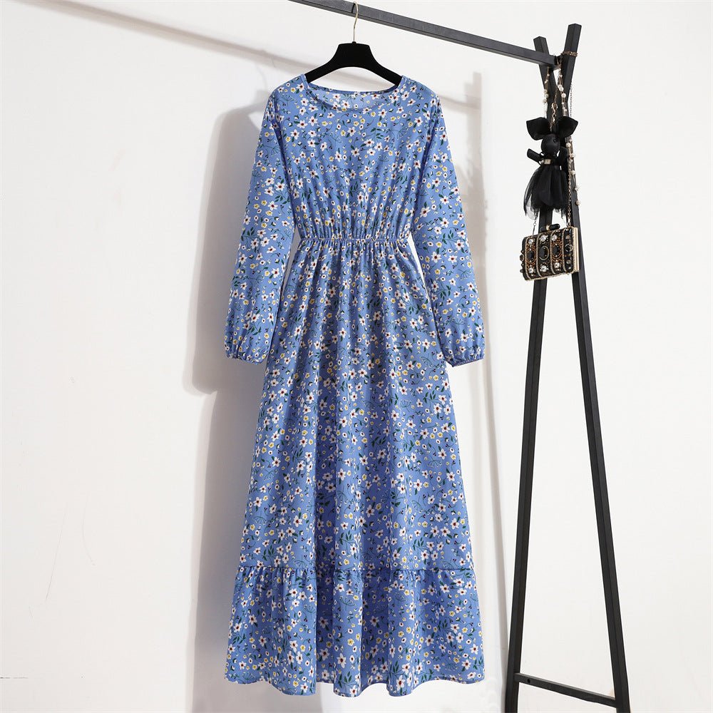 Spring and Autumn Crew Neck Bubble Sleeve Waist Floral Dress Women's Spring New Street Fashion Skinny Casual Long Dress - Negative Apparel