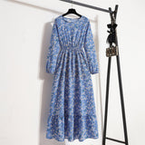 Spring and Autumn Crew Neck Bubble Sleeve Waist Floral Dress Women's Spring New Street Fashion Skinny Casual Long Dress - Negative Apparel