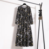 Spring and Autumn Crew Neck Bubble Sleeve Waist Floral Dress Women's Spring New Street Fashion Skinny Casual Long Dress - Negative Apparel